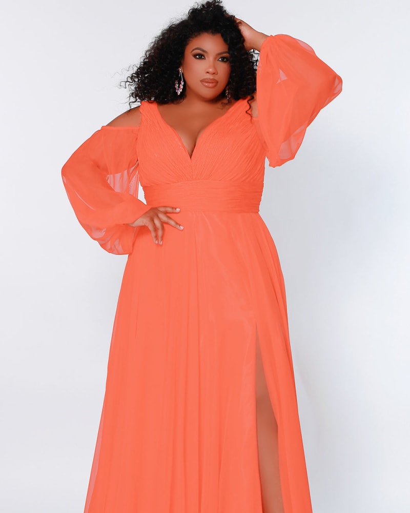 Front of a model wearing a size 18 Lancer Evening Gown in Coral by Johnathan Kayne for Sydney's Closet. | dia_product_style_image_id:286760